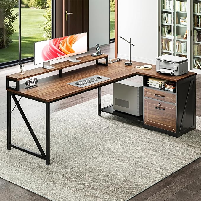 AODK L Shaped Desk with Wooden Drawers &amp Locking File Cabinet 61 Inch Large Executive Desk with Power Outlet Led Computer Desk with Storage Corner Office desk with Monitor Stand &amp CPU Stand