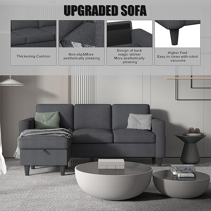 Dark Grey Convertible Sectional Sofa CouchModern Linen Fabric Upholstered L-Shaped Sofa Couch with Armrest Pockets3-Seat Sofa with Reversible Storage Ottoman for Living Room Small Space Apartment