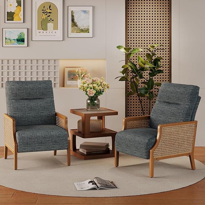 Aklaus Mid Century Accent Chair Set of 2 with Rattan Armrest Upholstered Living Room Chairs Lounge Fabric Reading Chairs Side Sitting Farmhouse Chair for Living Room Bedroom Balcony Grey