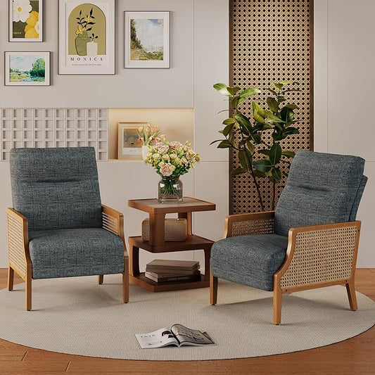 Aklaus Mid Century Accent Chair Set of 2 with Rattan Armrest Upholstered Living Room Chairs Lounge Fabric Reading Chairs Side Sitting Farmhouse Chair for Living Room Bedroom Balcony Grey