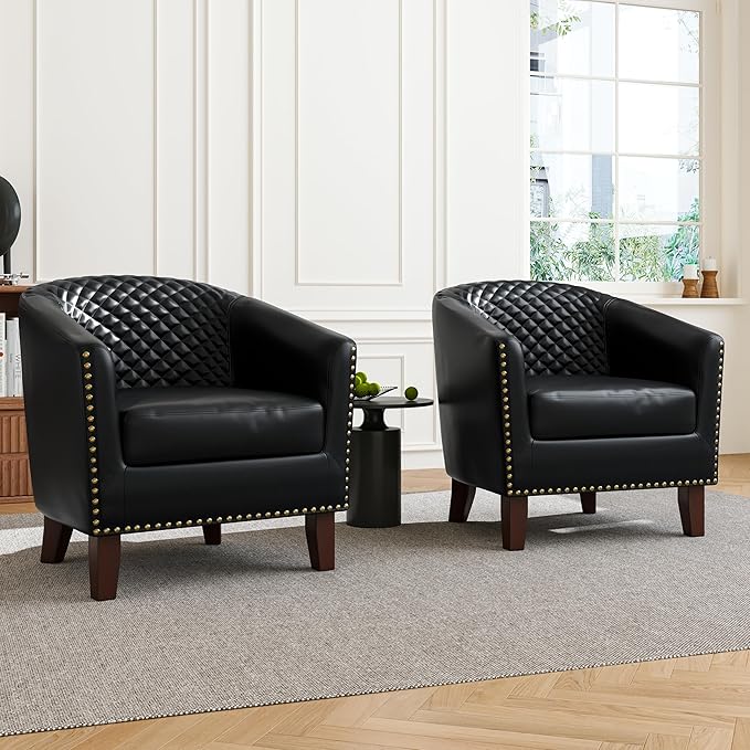 Accent Barrel Chair Upholstered Faux Leather Club Chair with Nailed Trim Comfy Reading Armchair for Living Room Bedroom Reception Room Office (Black Set of 1)
