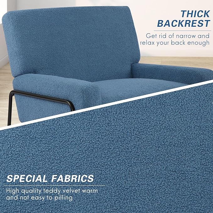 LSSBOUGHT Sherpa Accent Chair Modern Upholstered Single Sofa with Metal Legs Teddy Barrel Arm Chair for Reading Living Room Bedroom Office Blue