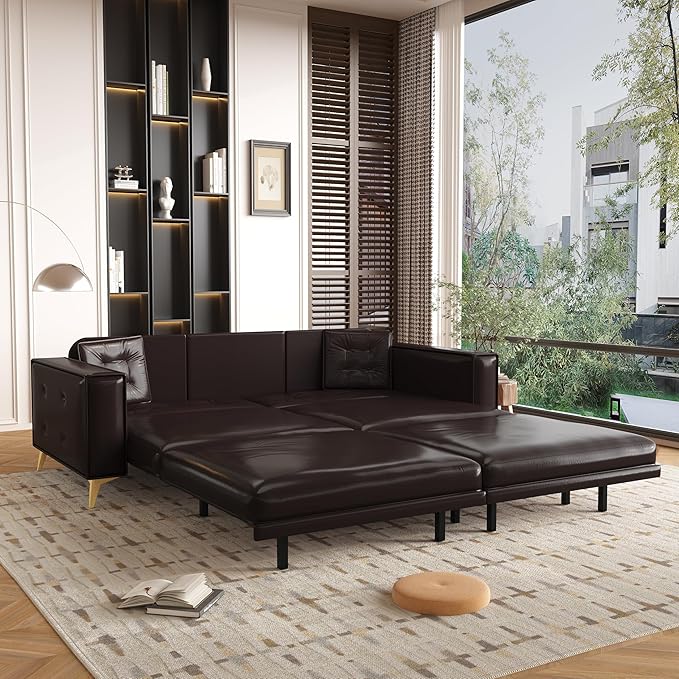 KEIKI 92.1 King Size Pull Out Sofa Bed 3-in-1 Faux Leather Convertible Sleeper Clouch with 2 Pillows 4-Seater Sofa Bed for Living Room Apartment Office Dark Brown