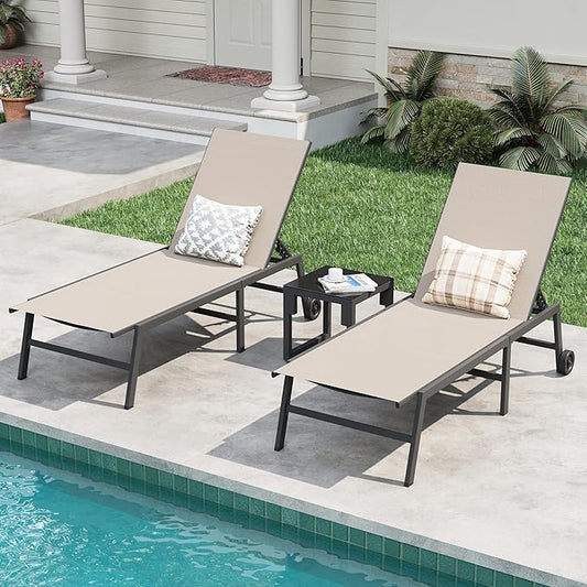 Amopatio 3 Piece Patio Lounge Chairs Set 2 Pool Chaise Lounges with Wheels and 1 Side Table 5-Position Adjustable Lounge Furniture with Heavy-Duty Steel for Backyard Poolside400 LBS Capacity Khaki