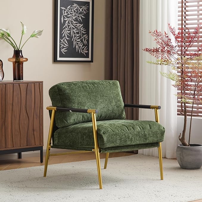Modern Accent Chair Lounge Arm Chair Upholstered Armchair with Plush Cushions Single Chairs with Metal FrameWooden Armrest - Perfect for OfficeLiving RoomBedroomGold+Green