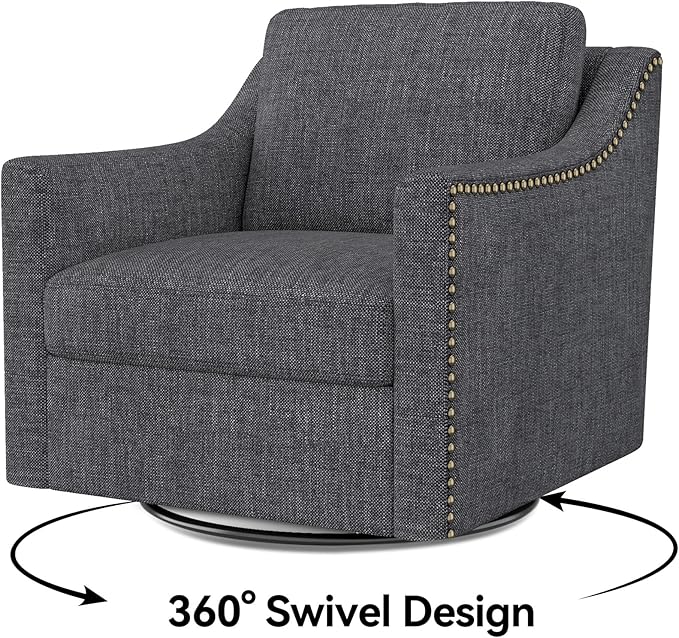 Swivel Accent Chair Set of 2 Modern Comfy Linen Upholstered Barrel Armchair with Nailhead Decor and Metal Base Soft Oversized Round Chair for Living Room Bedroom Club (2 Dark Grey)
