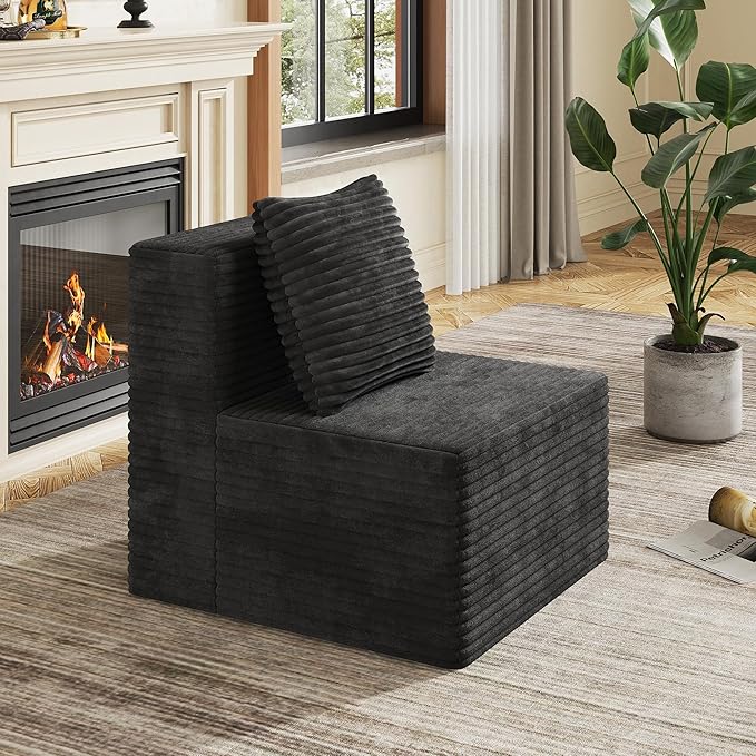 WLIVE 32'' Middle Sofa Seat of Cloud Sectional Couches for Living Room Boneless Armless Chair Memory Foam Corduroy Black