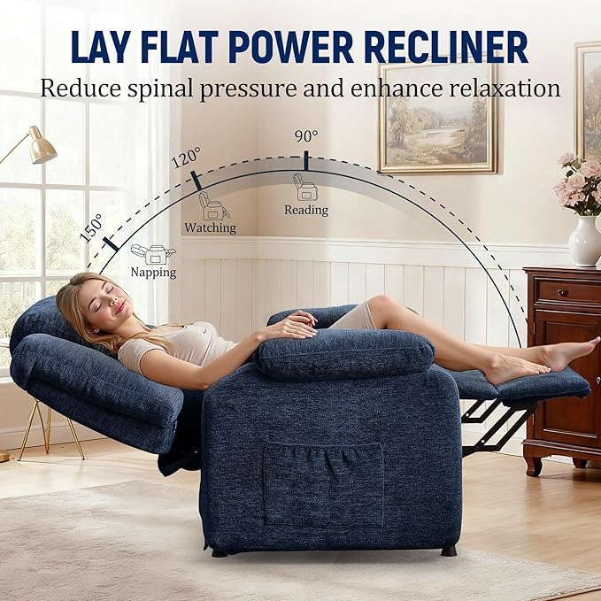 Power Recliner Chair for Adults Oversized Electric Recliner with Thickened Cushions Chenille Fabric Reclining Chair for Living Room Bedroom Blue