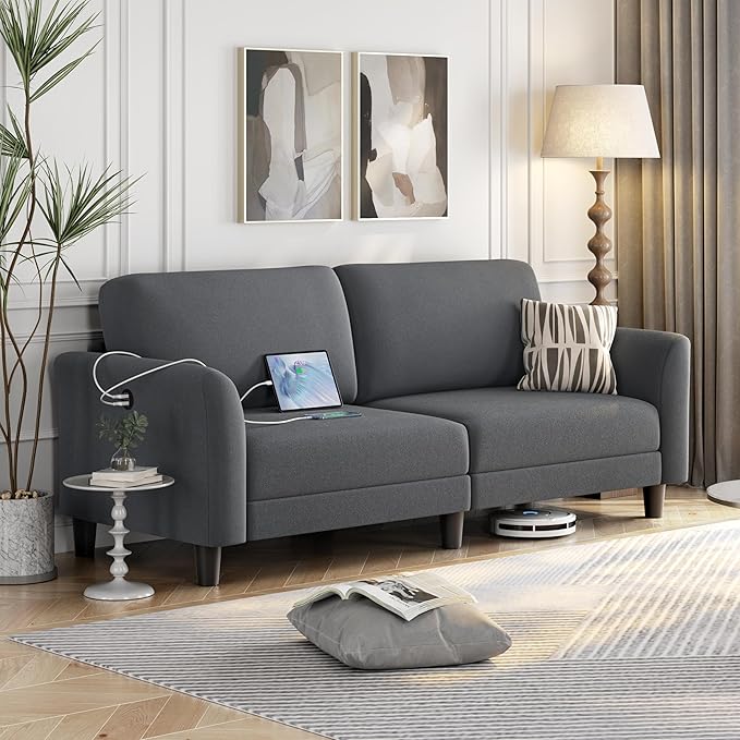 Yaheetech 67 W Fabric Sofa Couch 2 Seater Loveseat Sofa with USB Charging Ports Upholstered Sofa Living Room Office Bedroom Dark Gray
