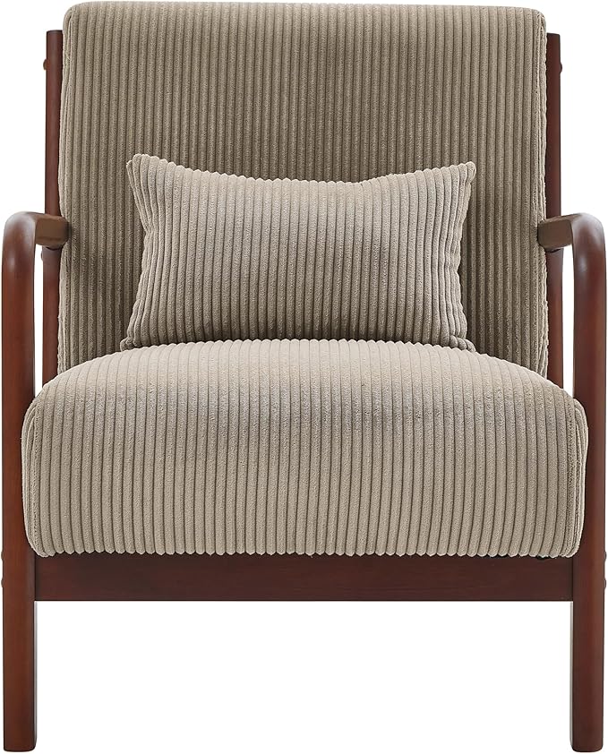 Wooden Accent Arm Chair Mid Century Armchair Comfy Modern Corduroy Accent Chair Boho Arm Chair with Pillow for Bedroom Lounge Living Room (Camel)