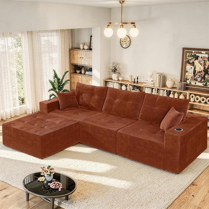 113 Modular Sectional Sofa for Living Room Convertible L-Shape Couch with OttomanModular Sectional SofaReddish Brown Corduroy