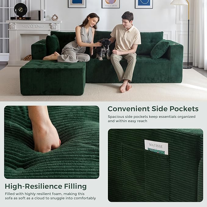 MAXYOYO Modular Sectional Sofa Couch L Shaped Modern Cloud Couch with Ottoman Sofa in A Box Tufted 4-Seat Boneless Sleeper Chair for Living Room No Assembly Required Green