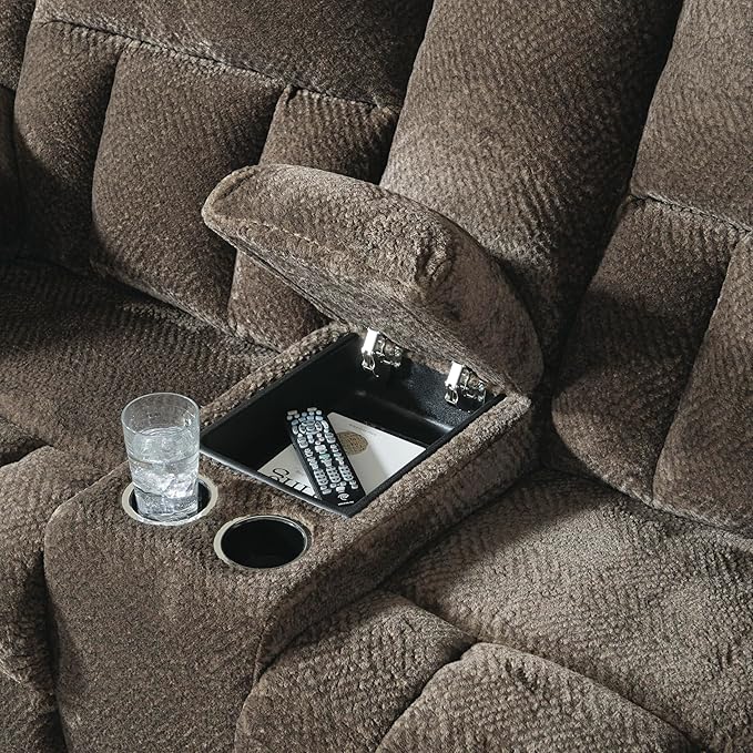 Signature Design by Ashley Frohn Modern Manual Double Reclining Loveseat with Console Storage and Cup Holders Dark Brown