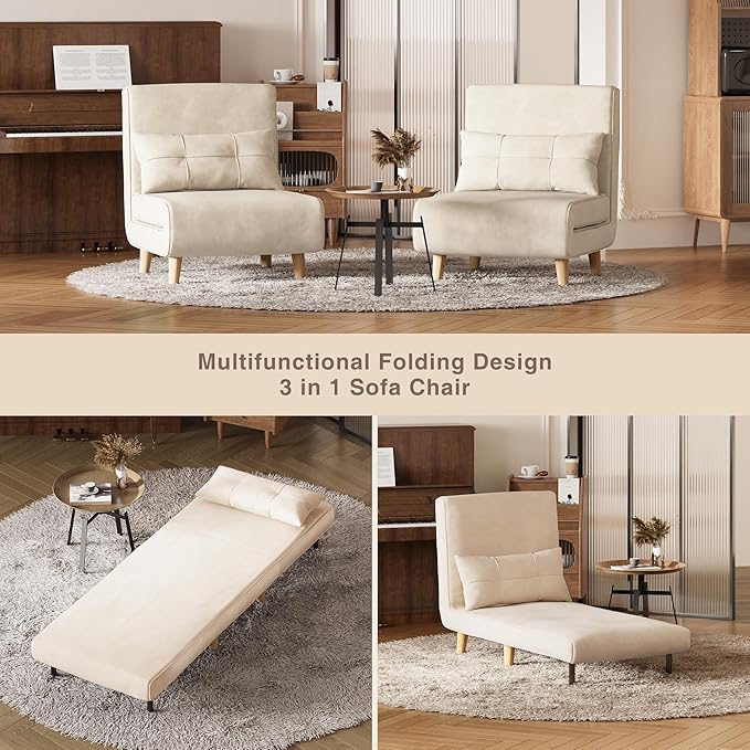Aiho Futon Sofa Bed 3-in-1 Convertible Sleeper Chair Bed Futon Chair with 6-Level Adjustable Backrest and Pillow for Guest Room Apartment Dorm Velvet Beige