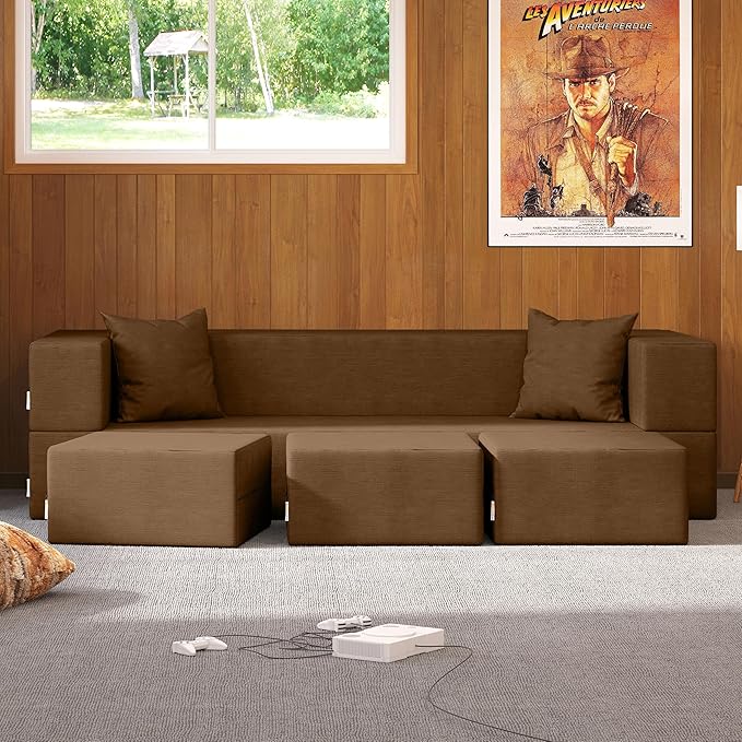 Jaxx Zipline Convertible Sleeper Sofa &amp Three Ottomans/California King-Size Bed Textured Microvelvet - Toffee