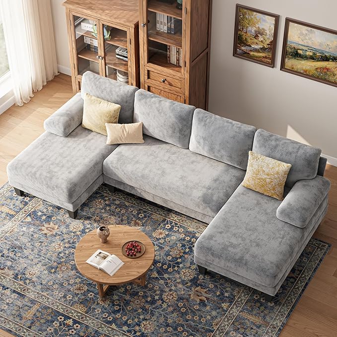 Sectional Couches for Living Room | 112 Inch U-Shaped Sectional Couch | 4 Seat Sofa Set with Double Chaise for Apartment | Light Grey Chenille