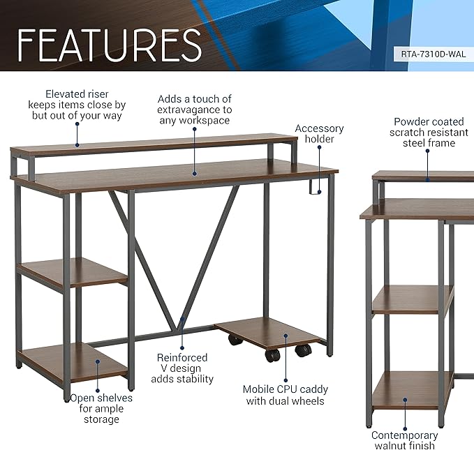 Techni Mobili Computer Desk - Industrial Writing Desk with Storage Shelves Monitor Stand &amp Accessory Holder - Home Office Laptop Computer Table with CPU Caddy &amp 2-Tier Small Bookshelf Space