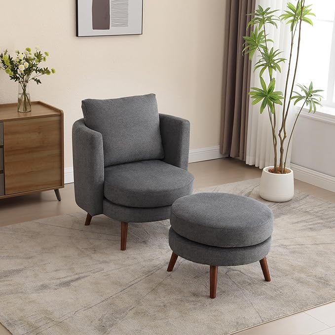 Generic 30.7 Wide Accent Chair with Ottoman Armchair Upholstered Reading Chair Single Sofa with Wooden Leg and Throw Pillow for Living Room Bedroom Dorm Room Office Charcoal Polyester Blend