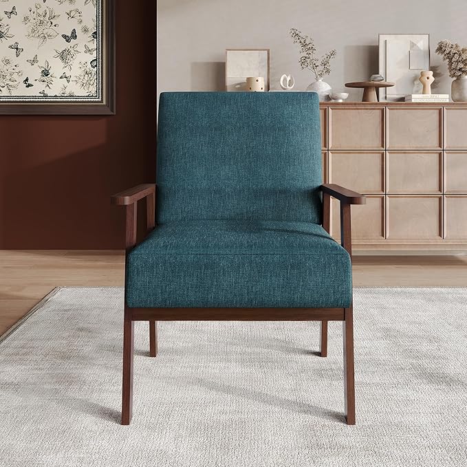 Mid-Century Modern Accent Chair Linen Upholstery Wooden Armrests Cushioned Seat Easy Assembly Blue