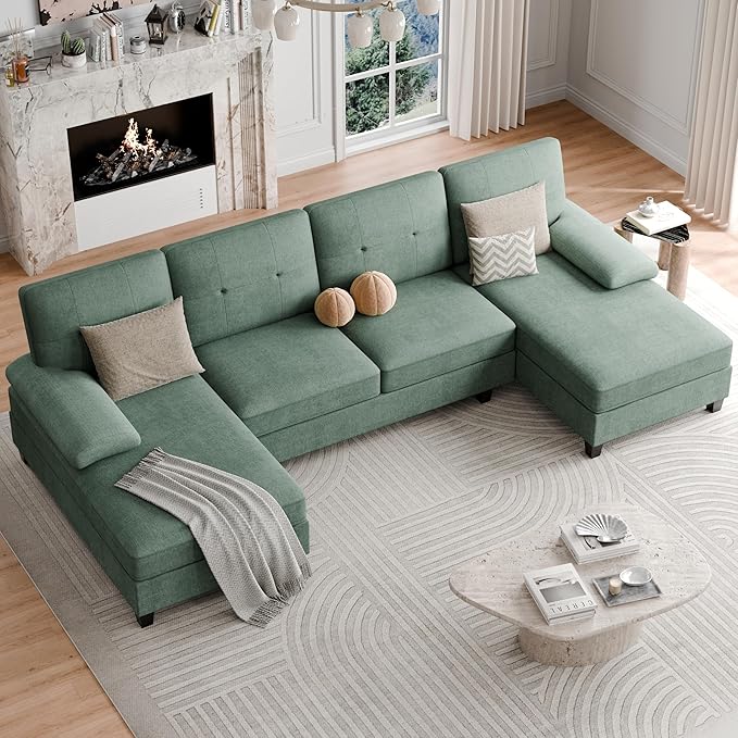 Shintenchi U-Shaped Sectional Couches for Living Room 4 Seat Sofa with Double Chaise LoungesSolid Wood Frame Sectional Sofa for ApartmentGreen