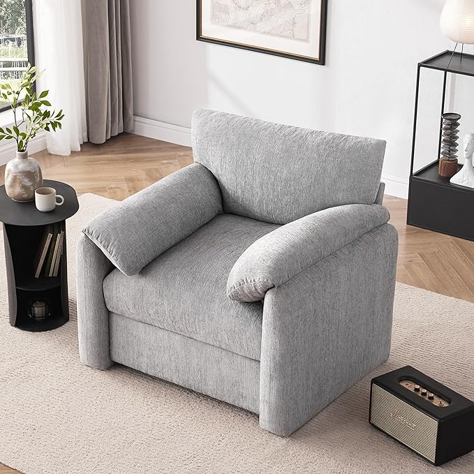 Chenille Oversized Armchair 38.6' Wide Accent Chairs for Living Room &amp Bedroom Modern Lounge Chair Upholstered Mid-Century Reading Chair Comfy Living Room Chair Single Sofa Chair Gray
