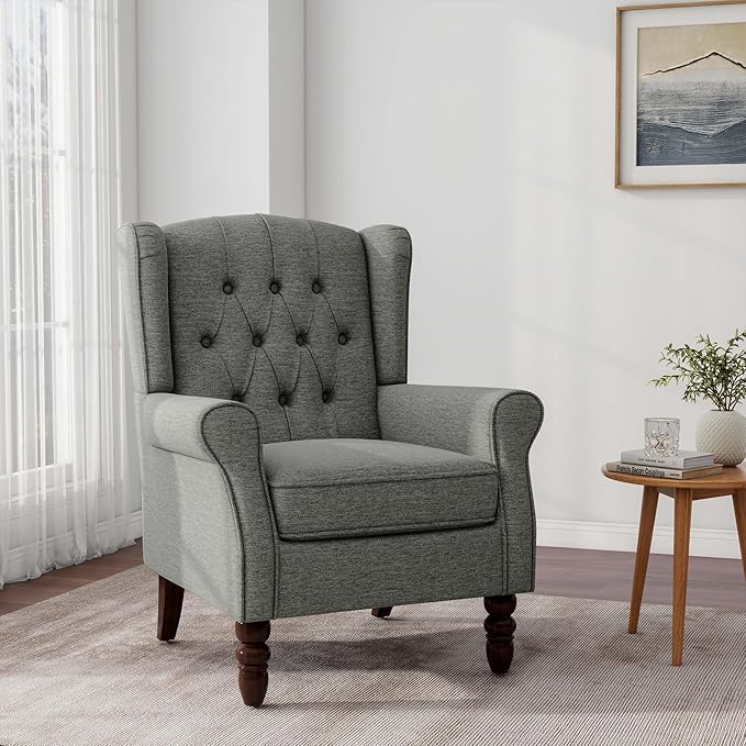 Accent Chair Upholstered Armchair with Button Tufted High Back &amp Solid Wood Legs Comfy Wingback Reading Single Sofa Chair for Small Spaces Living Room Bedroom (Grey Set of 1)