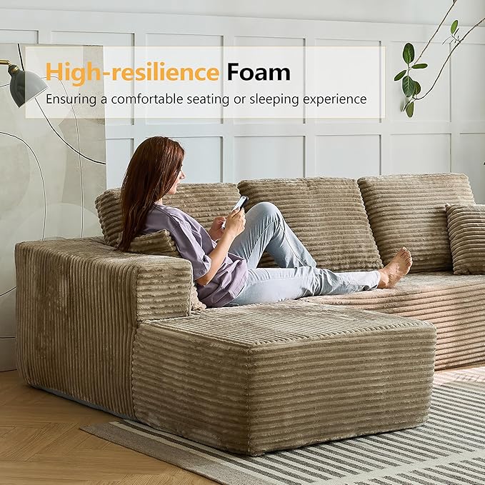 104 L-Shaped Cloud Sectional Sofa with Oversized Chaise Modular 3-Seater Corduroy Couch for Living Room &amp Bedroom Deep Seat No Assembly Required (Camel L Shape with Left FacingChaise)