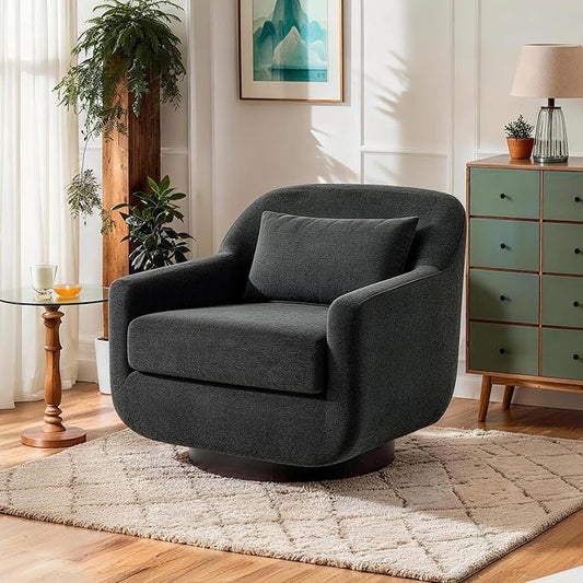Swivel Accent Chair 360° Swivel Upholstered Barrel Chair for Living Room Comfy Club Armchairs Reading Chair with Curves Back Design Metal Swivel Base Chenille Fabric Dark Gray