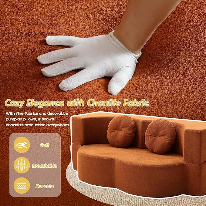 Folding Futon Sofa Bed Modern Convertible Fold Out Chenille Cloud Memory Foam Boneless Floor Lounge Loveseat Sleeper Mattress Sofa Couch with 2 Pillows for Guest Room Living Room Office Orange