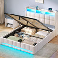 Rolanstar Bed Frame Full Size with Lift Up Storage Charging Station &amp LED Lights Upholstered Storage Headboard Heavy Duty Wooden Slats No Box Spring Needed Noise Free Easy Assembly Beige