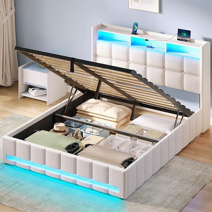 Rolanstar Bed Frame Full Size with Lift Up Storage Charging Station &amp LED Lights Upholstered Storage Headboard Heavy Duty Wooden Slats No Box Spring Needed Noise Free Easy Assembly Beige