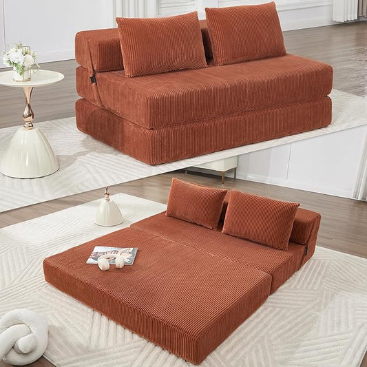 Folding Sofa Bed Full Size Modern Corduroy Floor Boneless Loveseat Couch Bed with 2 Pillows Comfy 3 in 1 Convertible Sleeper Sofa for Living Room Apartment Dorm Small Space Orange