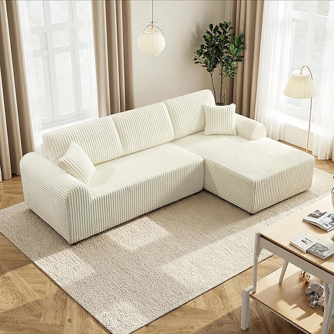 109“L-Shaped Sectional Sofa Boneless Couch Upholstery Cloud Modular Couch with Chaise No Assembly Required Corduroy Fabric Combination Deep Seat Living Room Bedroom(Cream Right Hand Facing)