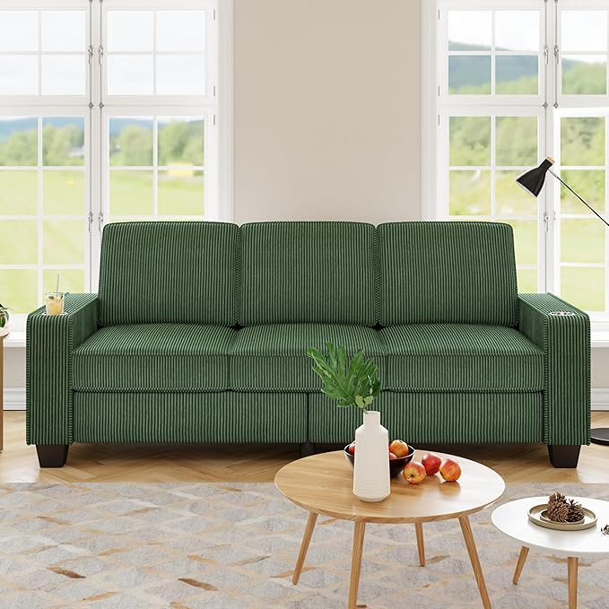 83.86 Corduroy 3-Seater Sofa with Extra Deep Seat Modern Cloud Couch with 2 Cup Holders Comfy Upholstered Sofa for Living Room Apartment &amp Office Green