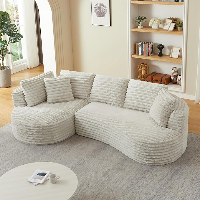 120.9 Curved L-Shape Sectional Sofa with Left Chaise Cloud-Like Corduroy Couch with Pocket Springs No Assembly Required Compressed in Box for Living Room &amp Apartment Cream