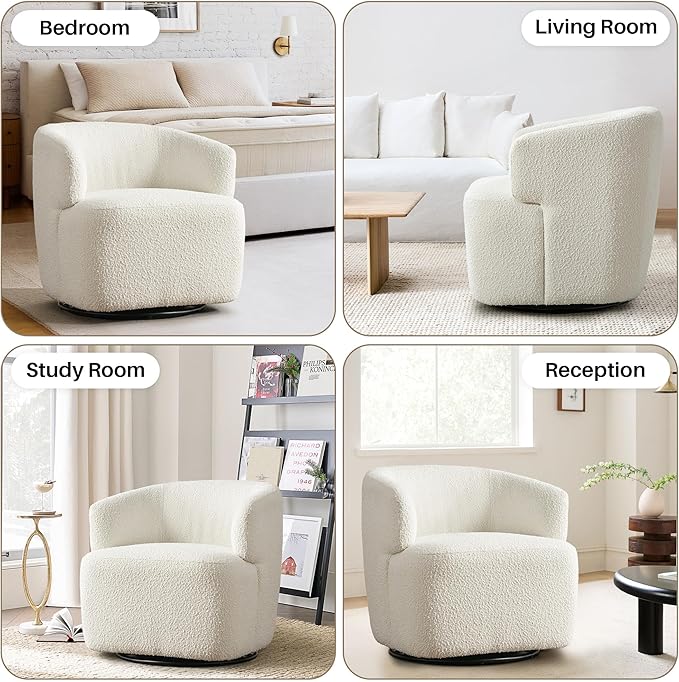 Swivel Accent Chair Sherpa Teddy Barrel Chair for Living Room Cozy Round Boucle Arm Chair Metal Base for Club Nursery Bedroom White