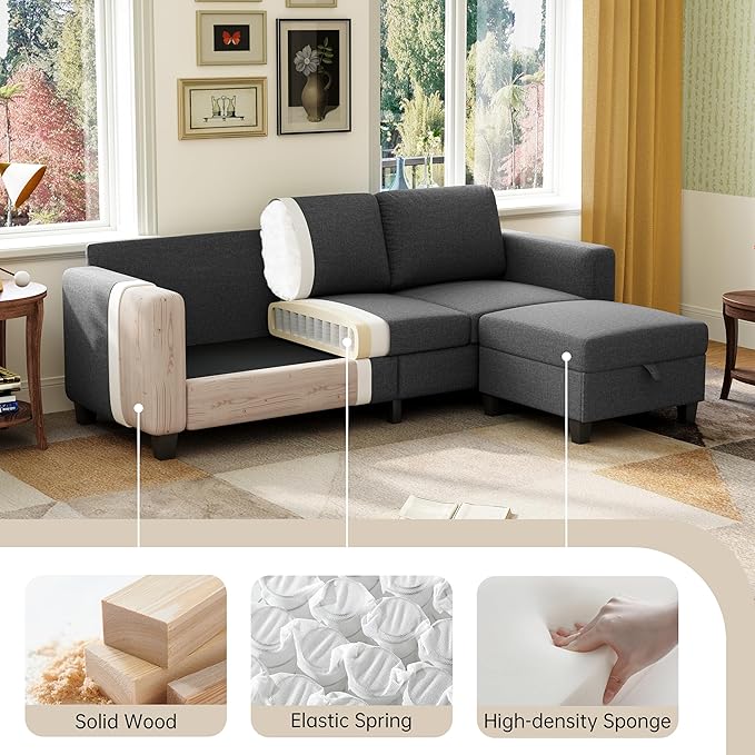 78 Sectional Sofa Couches for Living Room Dark Grey Convertible L Shaped Couch with Storage Ottoman Deep Seat Pet-Friendly Linen Fabric Sofa Set for Small Space Apartment Dorm