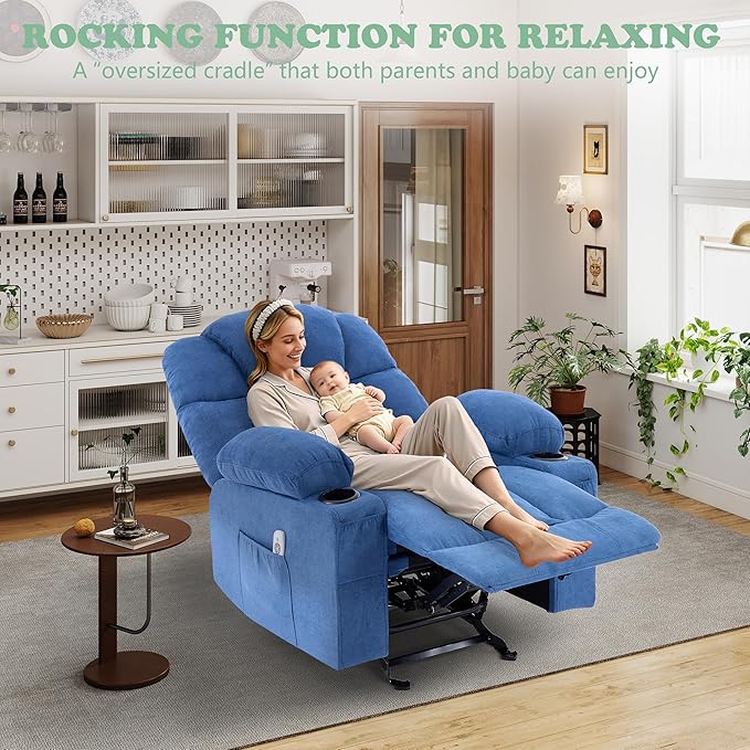 Manual Recliner Chair Rocker Recliner with Vibration Massage &amp Heat Ergonomic Reclining Fabric Living Room Chairs for Bedroom Nursery Single Sofa with 4 Pockets 2 Cup Holders Blue