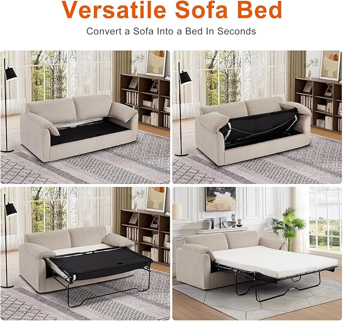 Pull Out Sofa Bed Corduroy Queen Sleeper Couch with Foam Mattress Large Sofa Sleeper Pullout Couch Bed for Living Room Office Queen Size (Beige Brown)