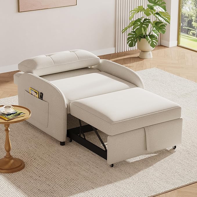 Merax 3-in-1 Convertible Sleeper Sofa Bed with Pillow &amp Side Pocket Soft Cotton Linen Loveseat Sleeper Chair for Living Room Bedroom Study Apartment Beige