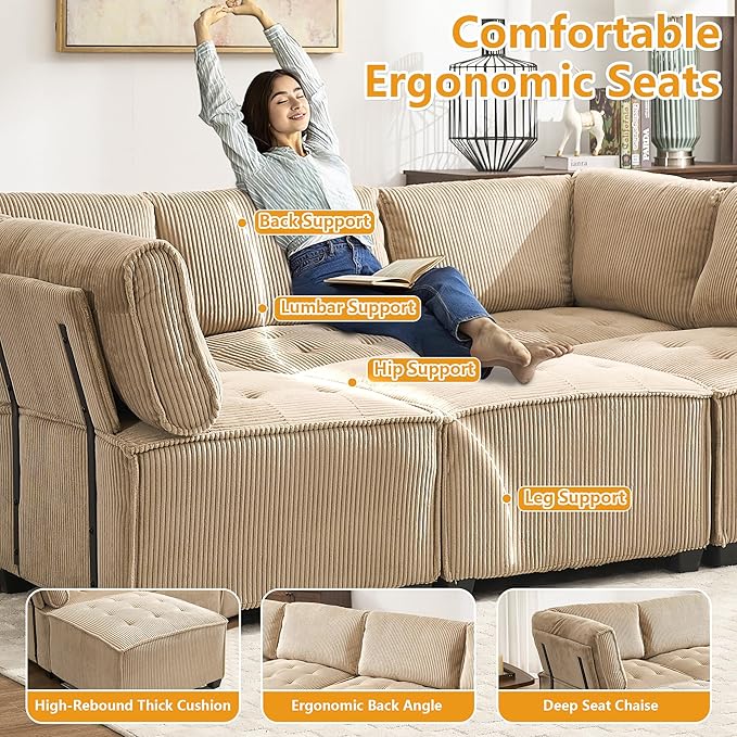 121 Inch Cloud Oversized Modular Sectional Sofa U Shaped Modular Couch with Reversible Chaise Comfy 6 Seat Convertible Sectional Sofa with Ottoman for Living Room Khaki