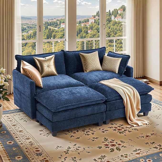 SweetGO corporation 40 Chenille Lounge Chair for Reading Modern Couch Cozy Sofa Bed Upholstered Living Room Single Sofa Accent Chair with Ottoman Set of 2 Blue