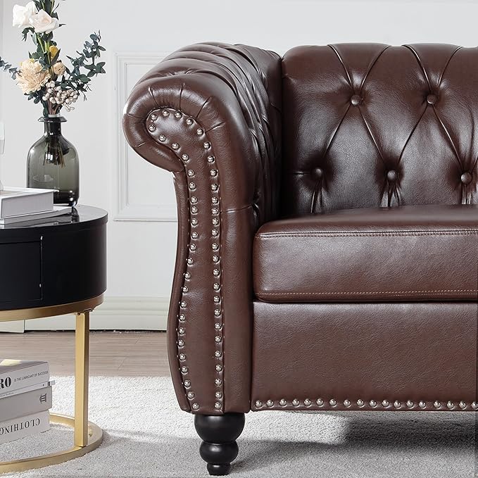 Leather Chair Living Room Single Sofa Medieval Retro Tufted Cushion Accent Sofa Chair with Rolled Arms and Nailhead Cigar Chair for Bedroom Office Apartment Club Chairs (Dark Brown)