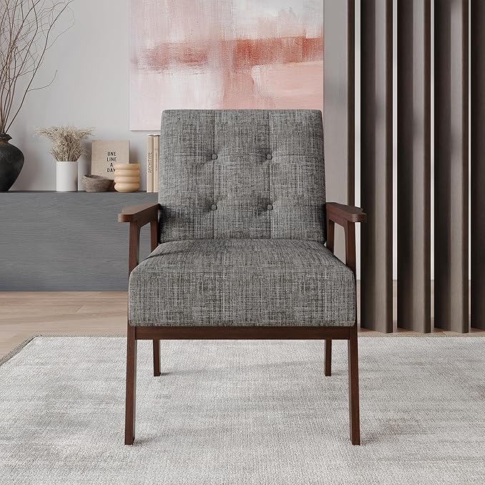 Accent Chair with Button-Tufted Linen Upholstery Wooden Armrests Cushioned Seat Easy Assembly Light Grey