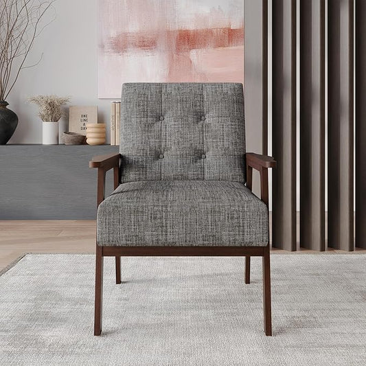 Accent Chair with Button-Tufted Linen Upholstery Wooden Armrests Cushioned Seat Easy Assembly Light Grey