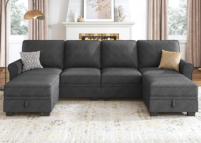HONBAY Sectional Sofa with Storage Seat U Shaped Sectional Couch with Reversible Chaise Convertible Sectional Couches for Living RoomDark Grey