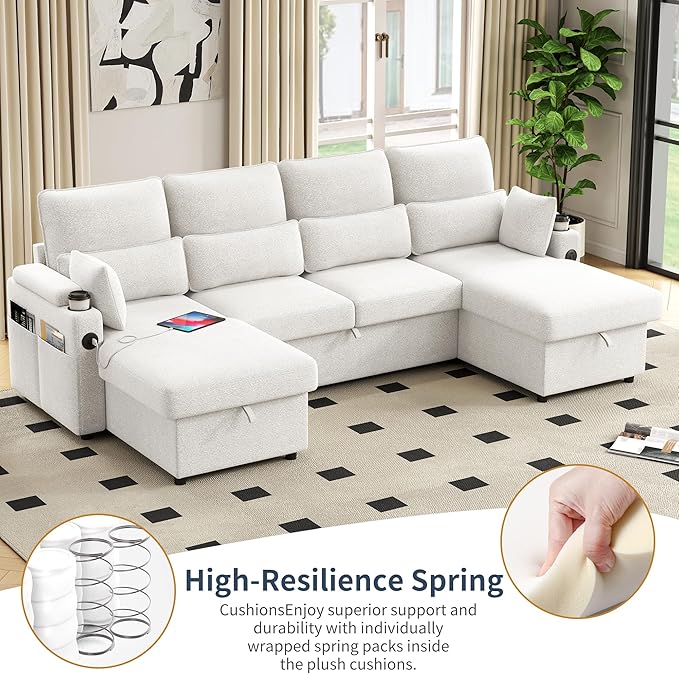 104.7 U-Shaped Sectional Sofa Couch Pull-Out Sleeper Sofa Bed with Storage Chaise Double Cup Holders Dual USB Charging Ports Couches for Living Room Apartment