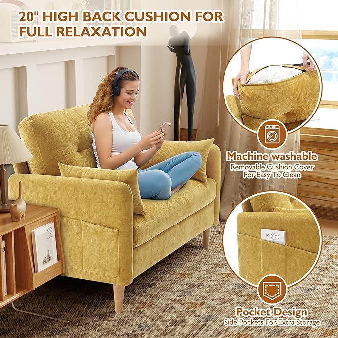47 Small Sofa Couch for Bedroom Soft Chenille loveseat Mini Couch with Throw Pillow and Removable Cushion Cover for Small Spaces Living Room Apartment Dorm Office(Yellow)