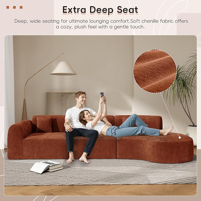 Merax 140 Curved Polyester Sectional Sofa Set 7 Seat Modern Cloud Couch with Chaise Lounge3 Pillows Fully Assembled for Living Room Orange