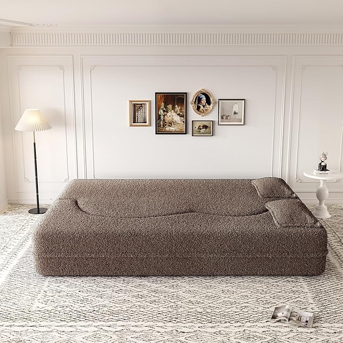 Hommoo Convertible Sleeper Sofa Bed Futon Sofa Folding Mattress Couch Full Size Teddy 2 in 1 Compression Floor Lounge Couch High Density Foam for Living Room/Guest Room/Apartment Brown